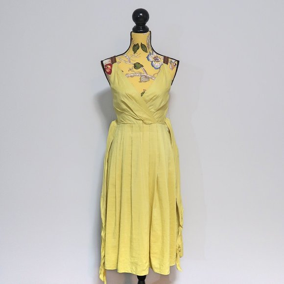 Lida Baday Yellow Belted Pleated Midi Dress 2 - Picture 11 of 12